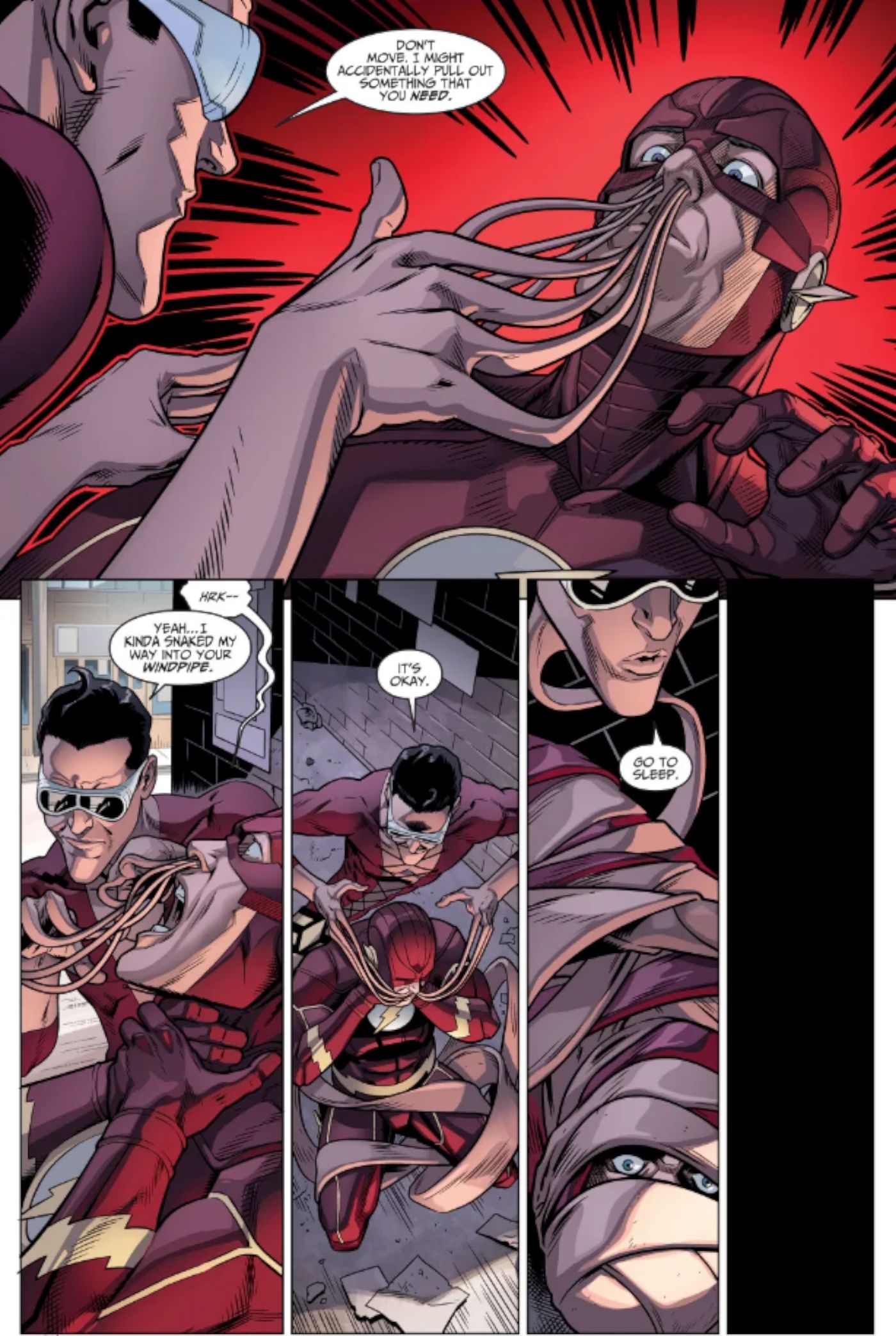 Injustice: Year Four Annual, Plastic Man suffocates the Flash, incapacitating himInjustice: Year Four Annual, Plastic Man suffocates the Flash, incapacitating him