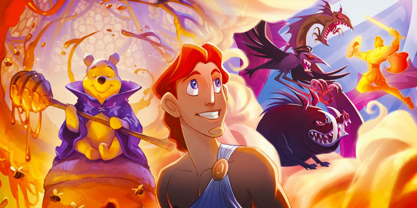 Disney Lorcana artwork showing off Winnie the Pooh, Hunny Wizard, and Young Hercules dreaming of battling monsters.