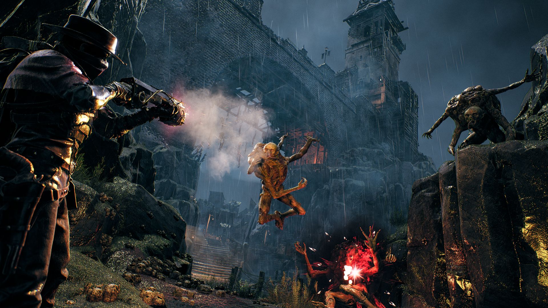 Screenshot shows Remnant 2 DLC enemies attacking the player under the moonlight shining through a crumbling tower.