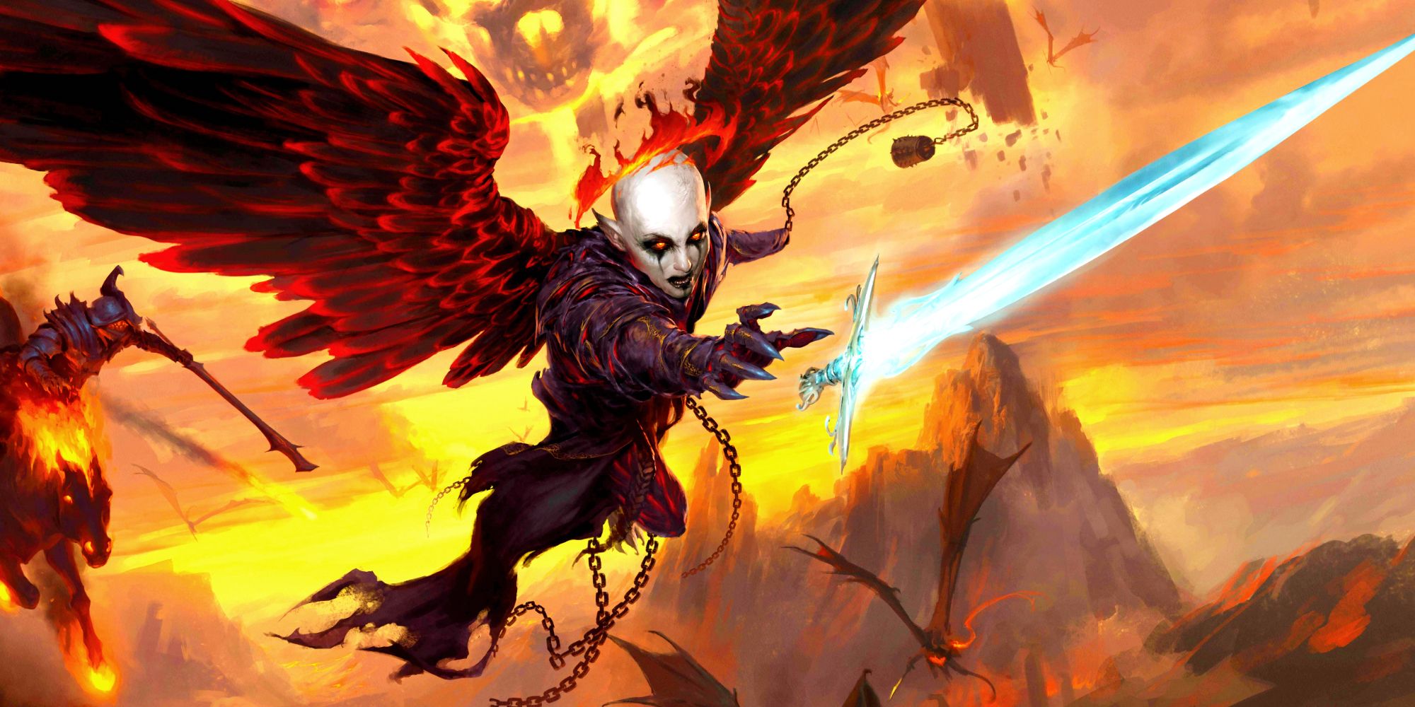 A winged demon with a bald head, pointed ears, and bright red eyes flying through a hellscape. She is reaching one clawed hand out toward a bright blue, magical sword.