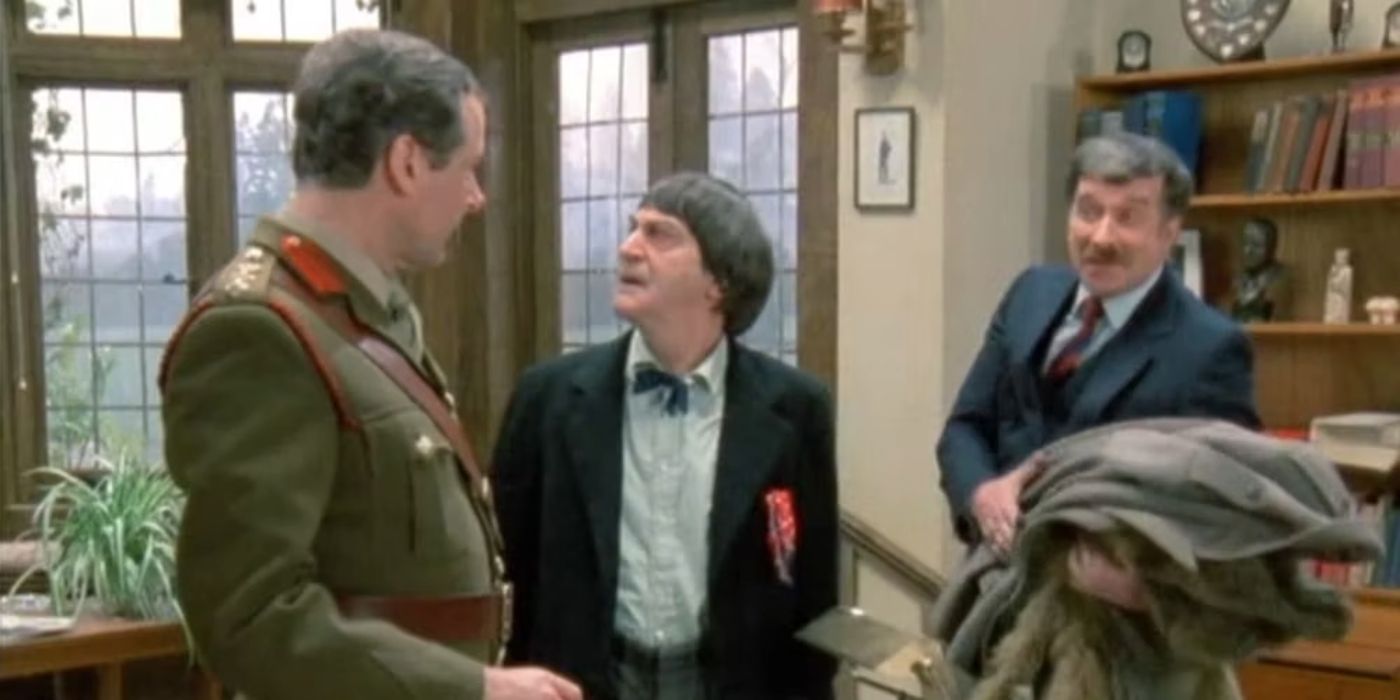 The Second Doctor talking to Brigadier Lethbridge-Stewart in the office of UNIT in Doctor Who