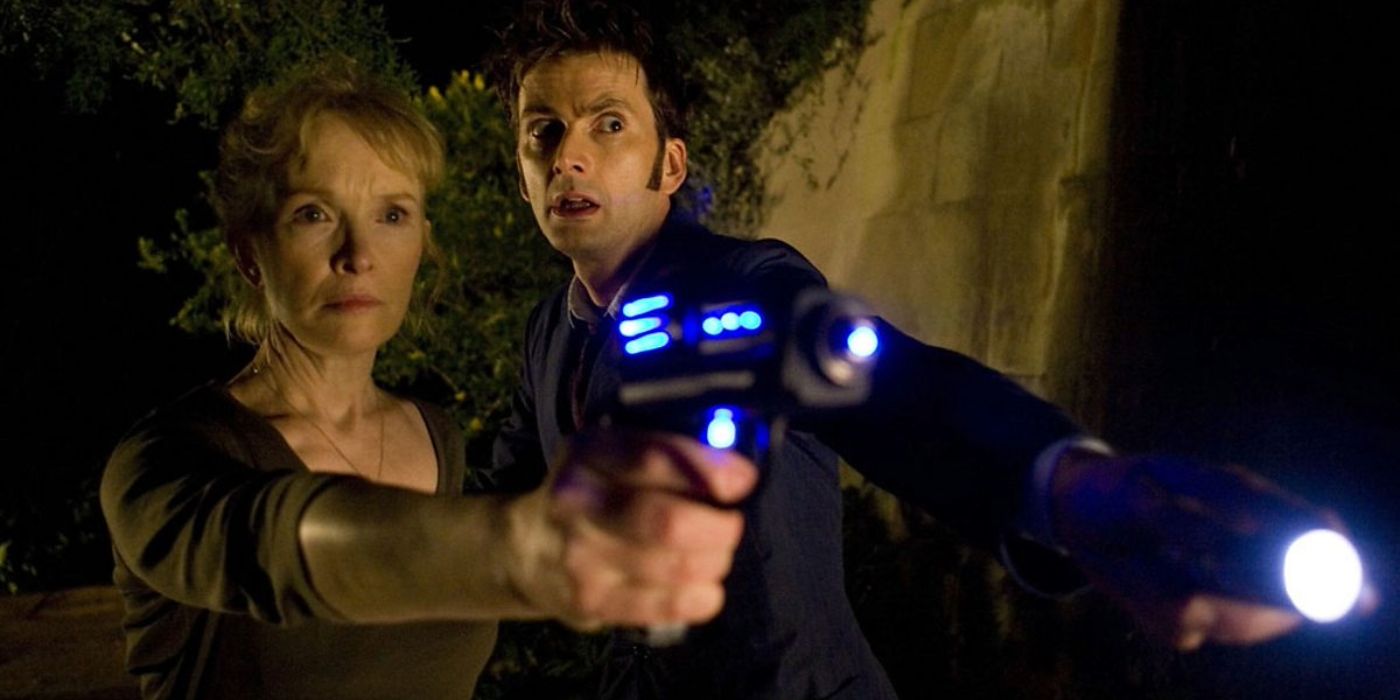 adelaide brooke holding up a weapon in Doctor Who
