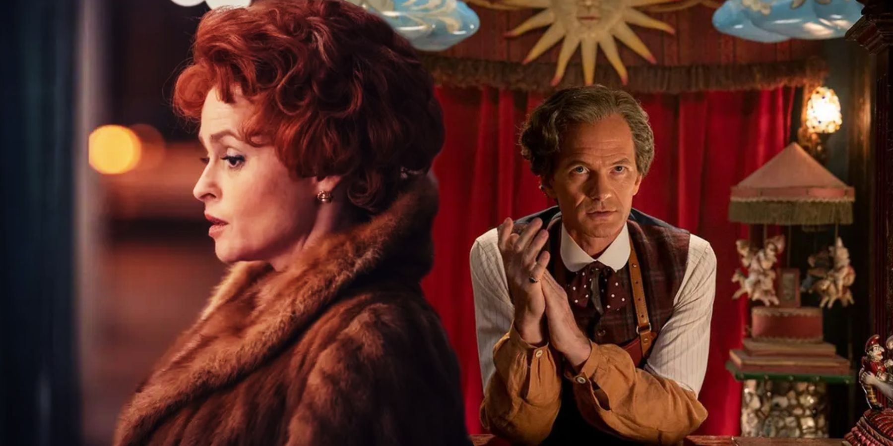 Helena Bonham Carter in furcoat and red hair as Noelle Gordon, and Neil Patrick Harris as the Toymaker in his toyshop