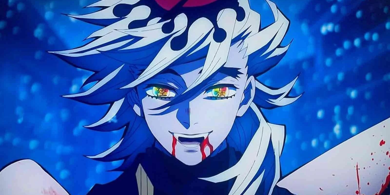 In Demon Slayer: Kimetsu no Yaiba, Douma is backlit in blue with a big smile on his face, blood flowing from his mouth and staining his clothes.