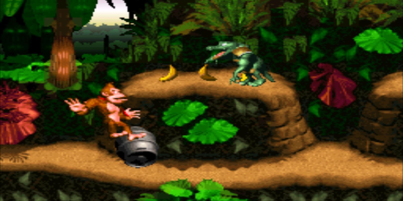 Donkey Kong Country with Donkey Kong on a barrel fighting against a Kremling