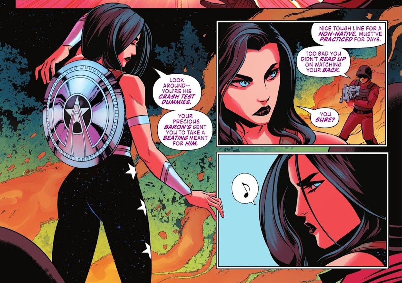 Donna Troy Shows Off Her Shield
