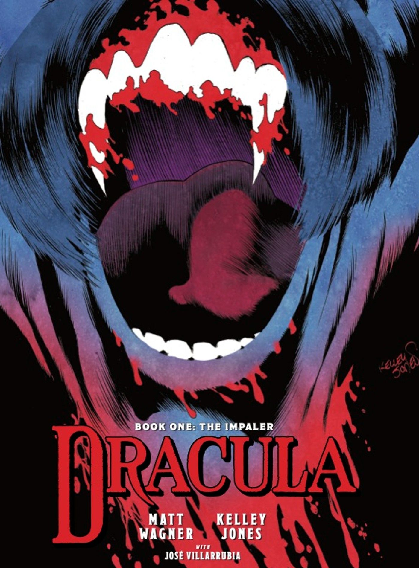 Arte de portada de Drácula: Libro I El Empalador, la tapa de la boca ensangrentada de Drácula se abre de par en par, exponiendo sus dientes.