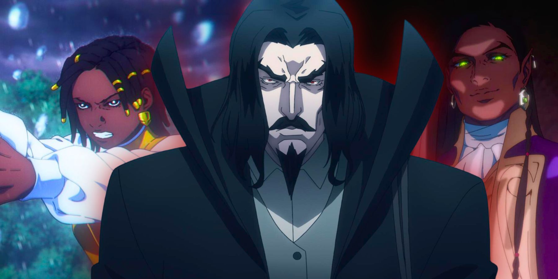 Dracula from Castlevania with Castlevania Nocturne characters in the background