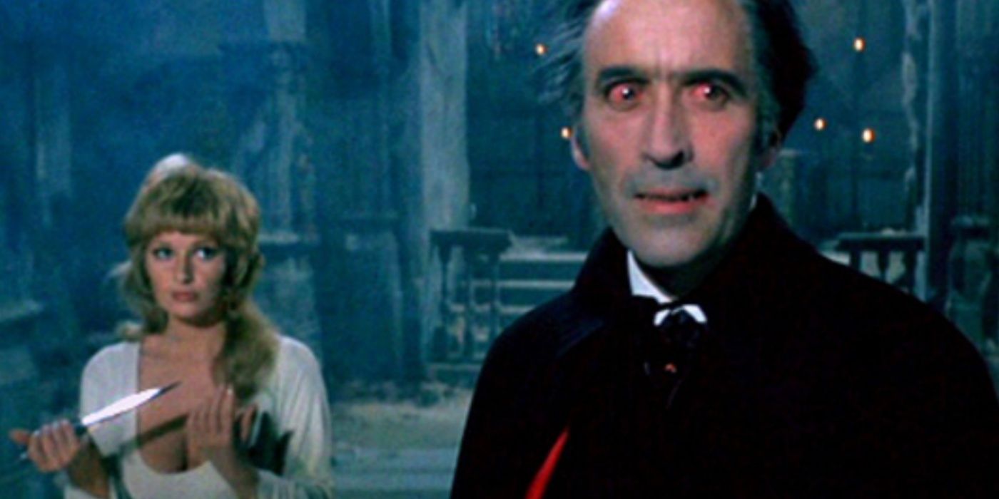 Dracula with Red Eyes with a Woman in Dracula AD 1972