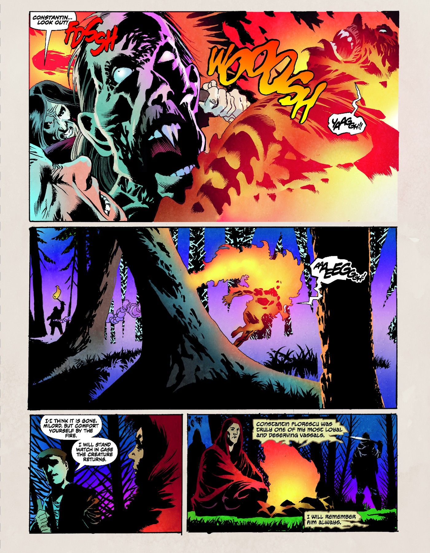 Preview page for &ldquo;The Impaler&rdquo; Kickstarter project by Matt Wagner and Kelley Jones, burning the Wurdulac.