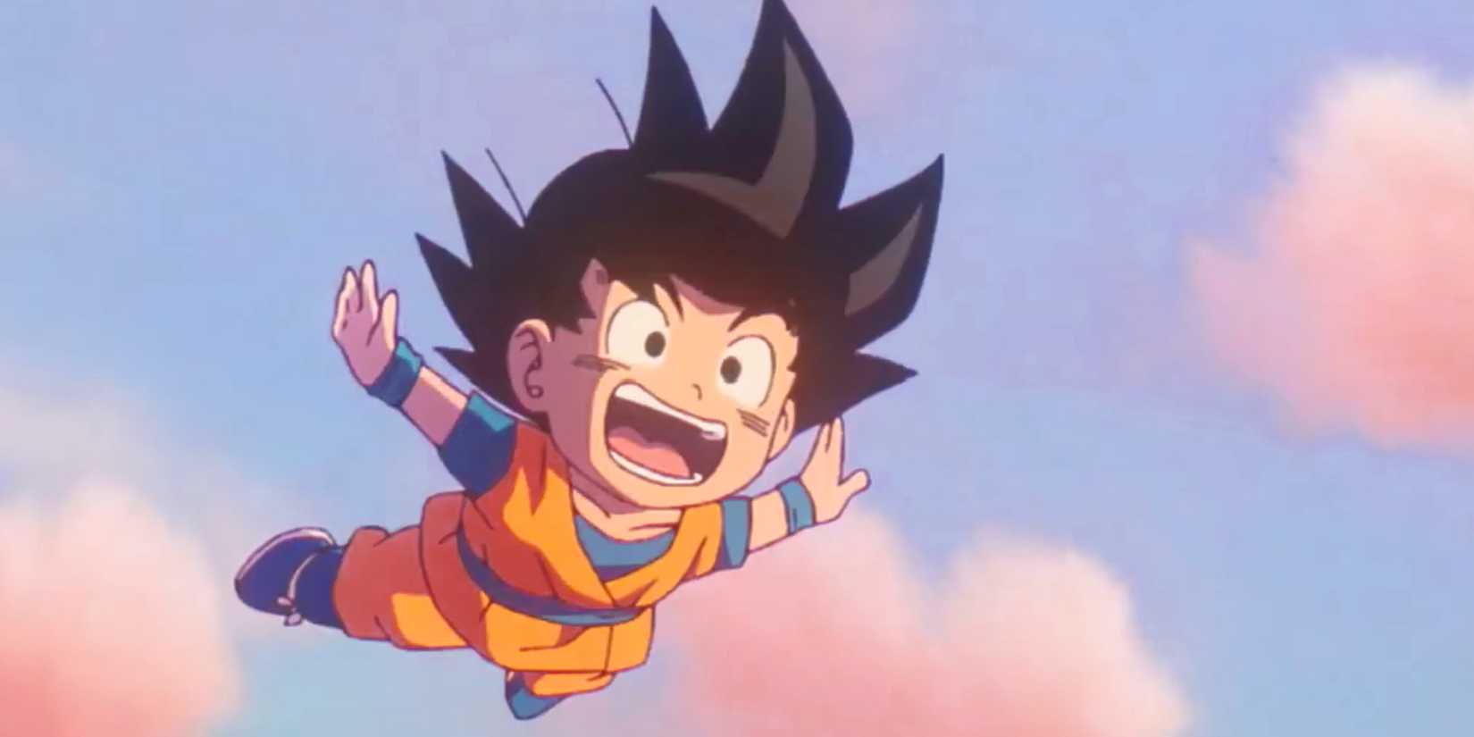 Screenshot from Dragon Ball Daima show a young Goku flying in the clouds with a big smile on his face and no training symbol on his Gi.