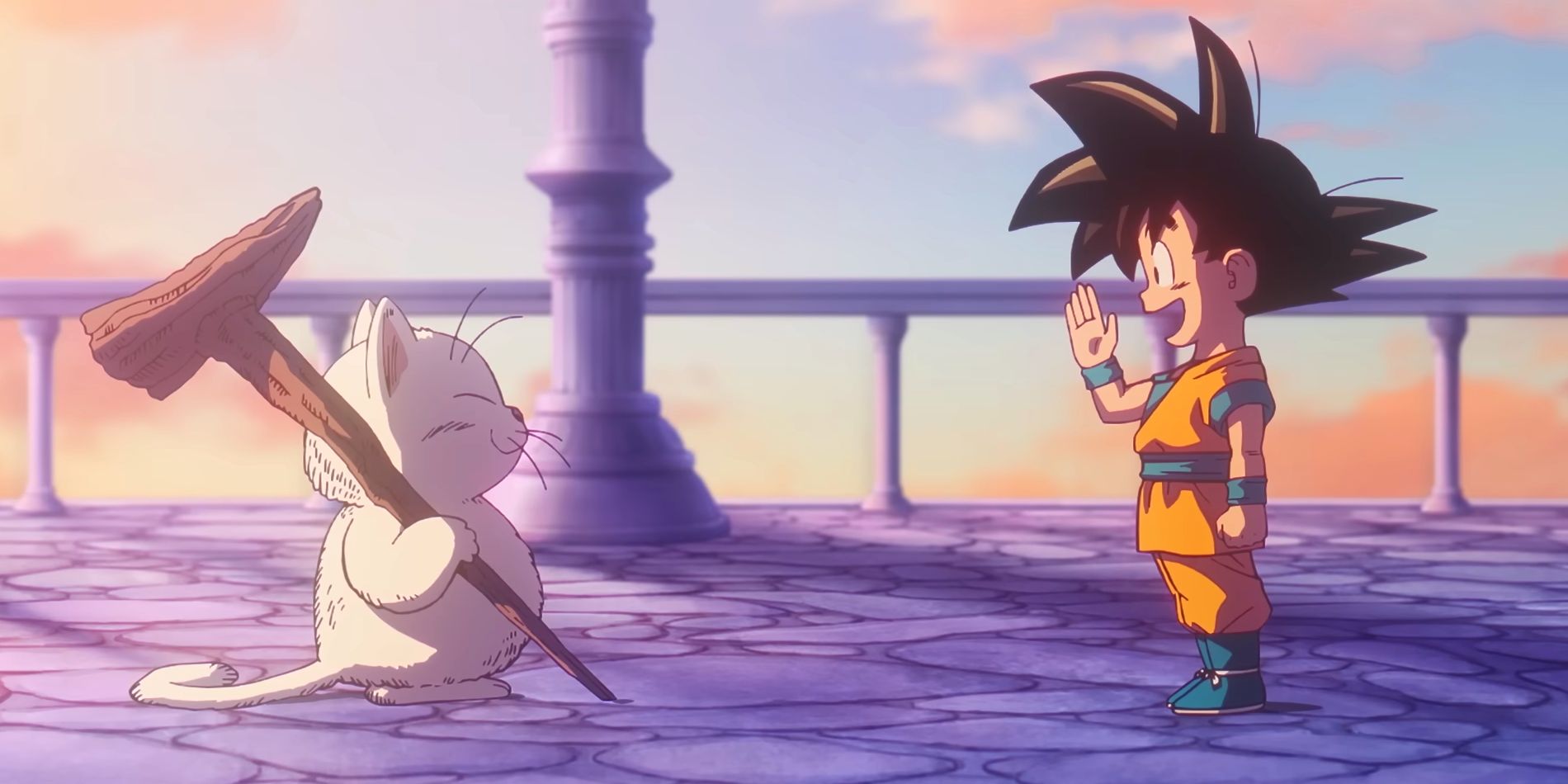 Screenshot from Dragon Ball Daima teaser shows a young Goku happily greeting the wise cat Korin on his lookout in the sky.