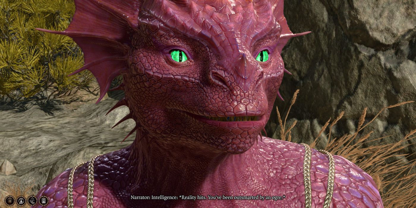 A pink dragonborn resembling Dragon from Shrek engages in dialogue in Baldur's Gate 3