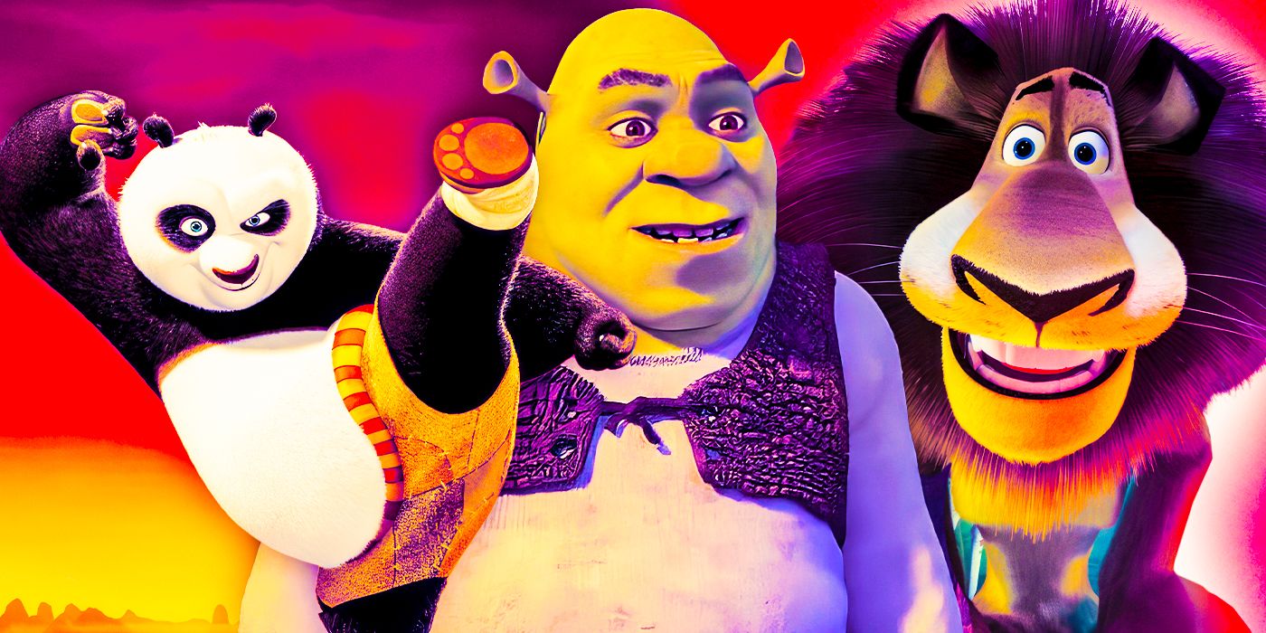 Collage of DreamWorks properties including Kung Fu Panda, Shrek, and Madagascar