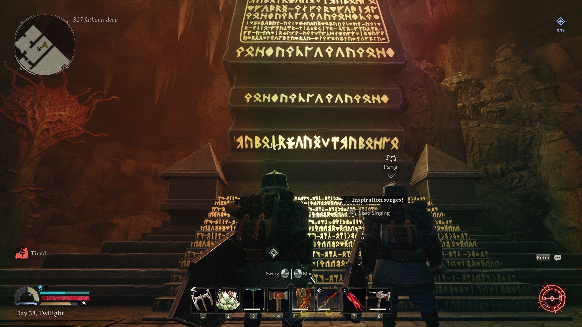 Dwarves singing at a monument in Return to Moria.