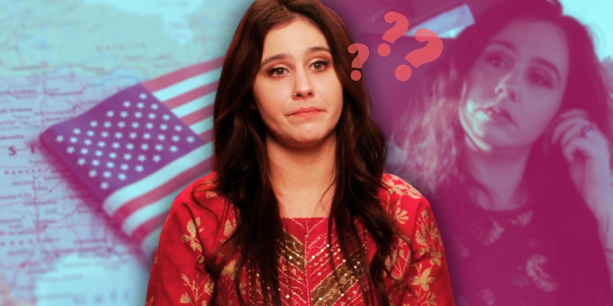 Kimberley with an American flag background and question marks 90 Day Fiance