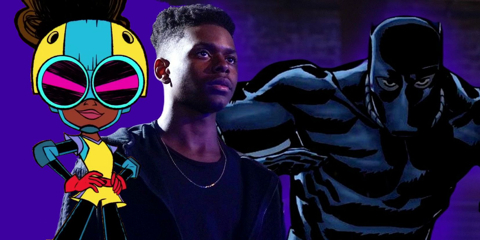 Animated Moon Girl and Black Panther on either side of Tyrone from Cloak and Dagger all in front of a purple background