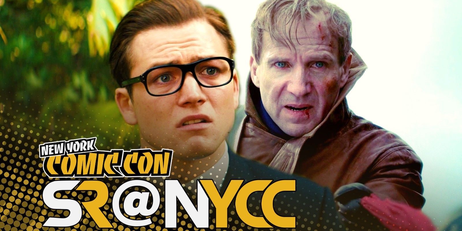 Eggsy looking at something in Kingsman The Golden Circle and Ralph Fiennes in King's Man with NYCC overlay