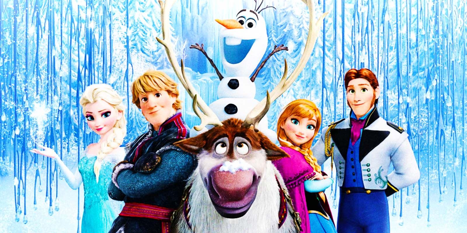 Elsa, Kristoff, Olaf, Sven, Anna, and Hans in Frozen