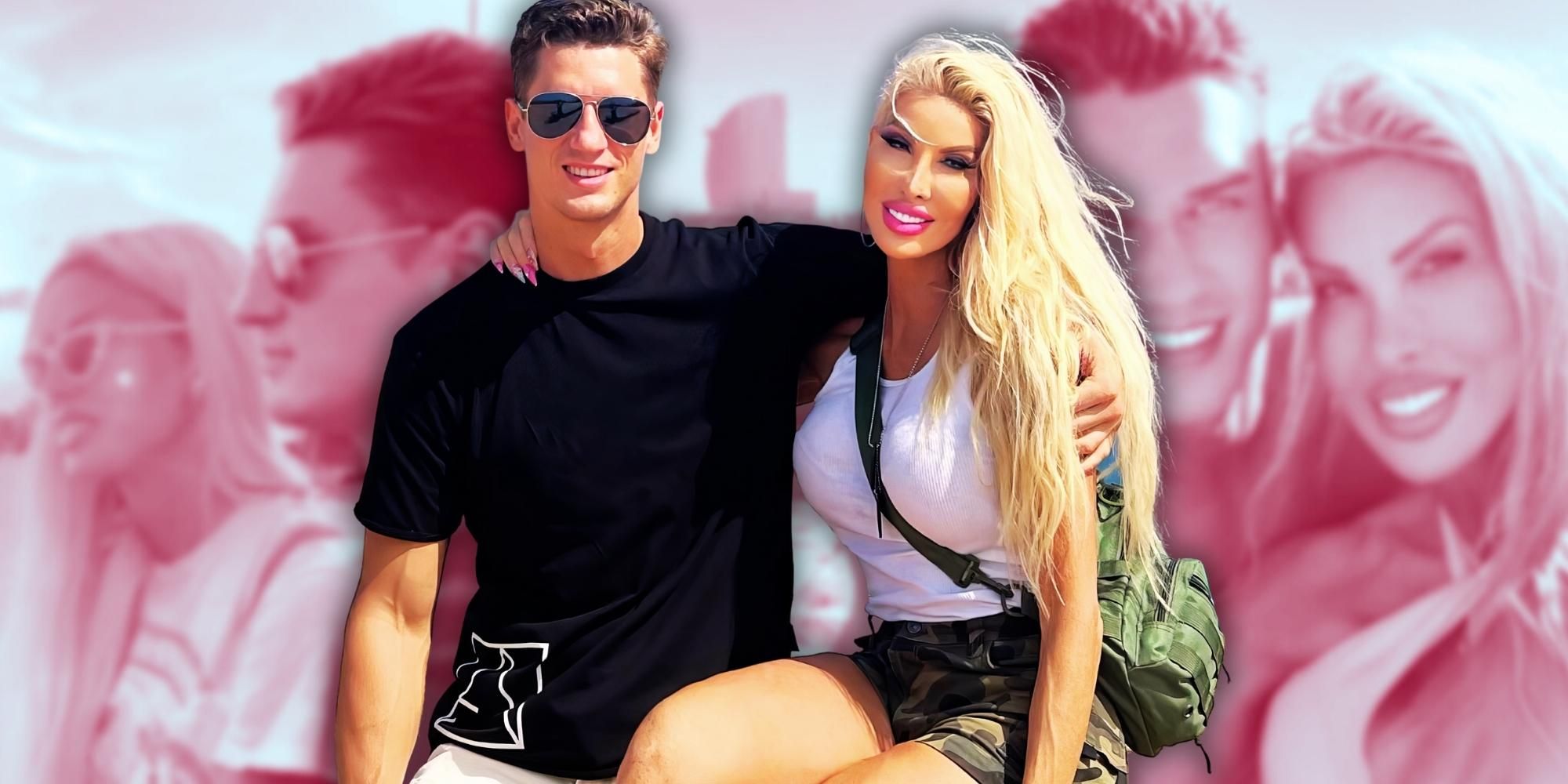 90 Day Fiancé Season 10's Nikki and Justin on a trip smiling during vacation with pink background