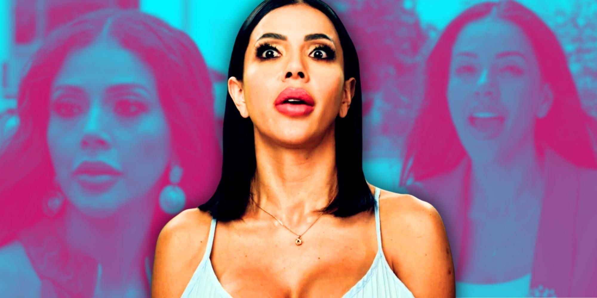 90 Day Fiancé star Jasmine Pineda wearing tank top and looking surprised with blue and pink background photos of herself