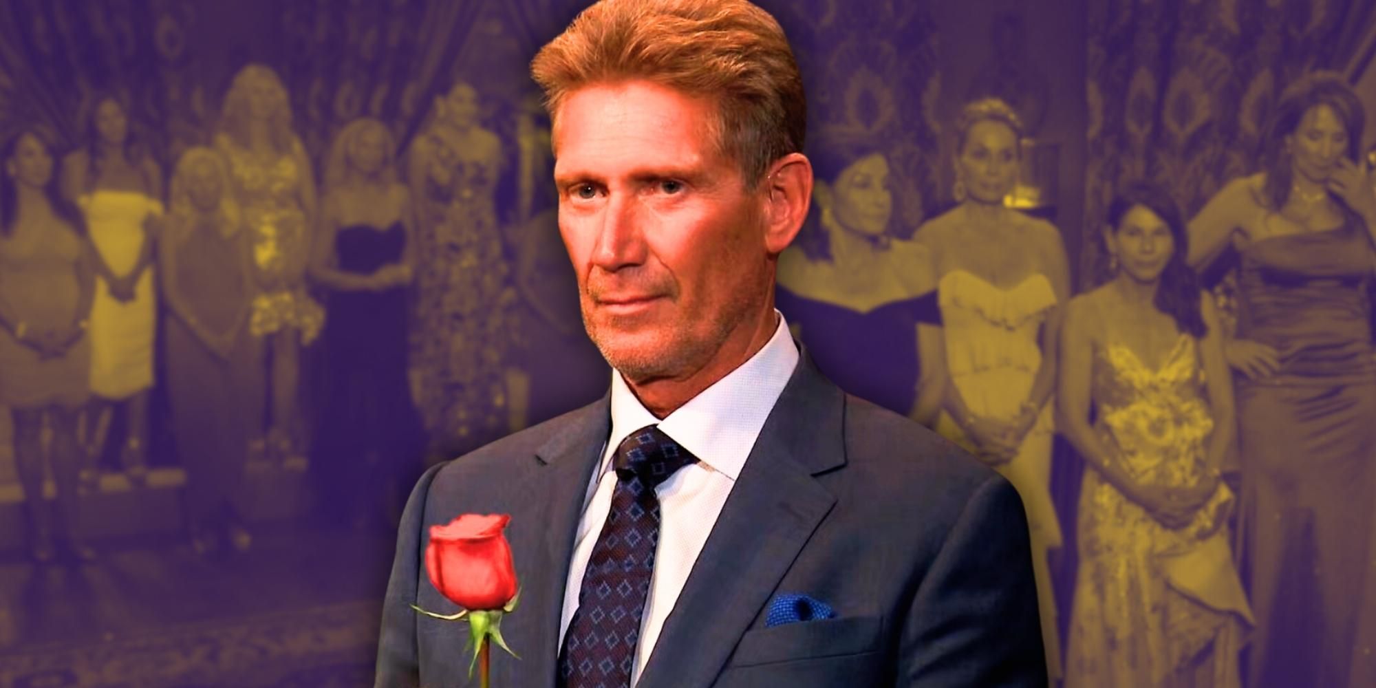 The Golden Bachelor season 1 star Gerry Turner holding a rose, with the female contestants behind him