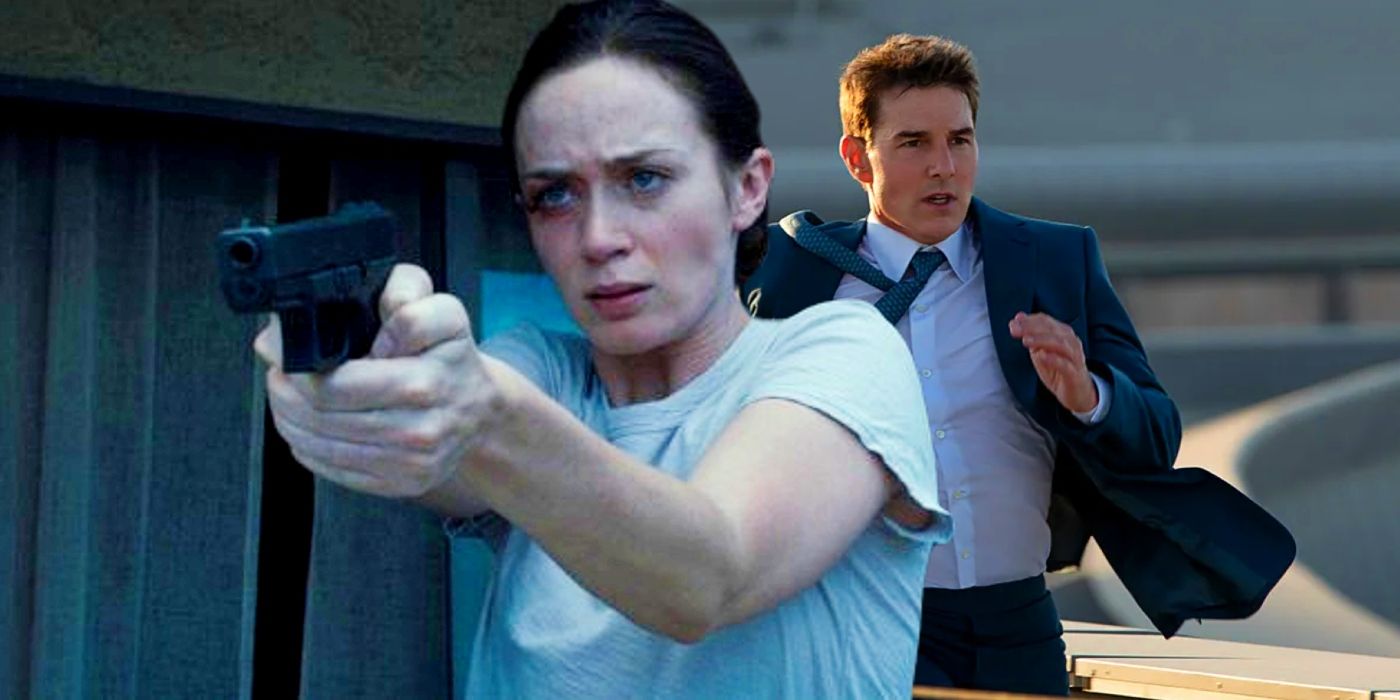 Custom image of Emily Blunt pointing a gun in Sicario juxtaposed with Tom Cruise running in Mission Impossible 7.
