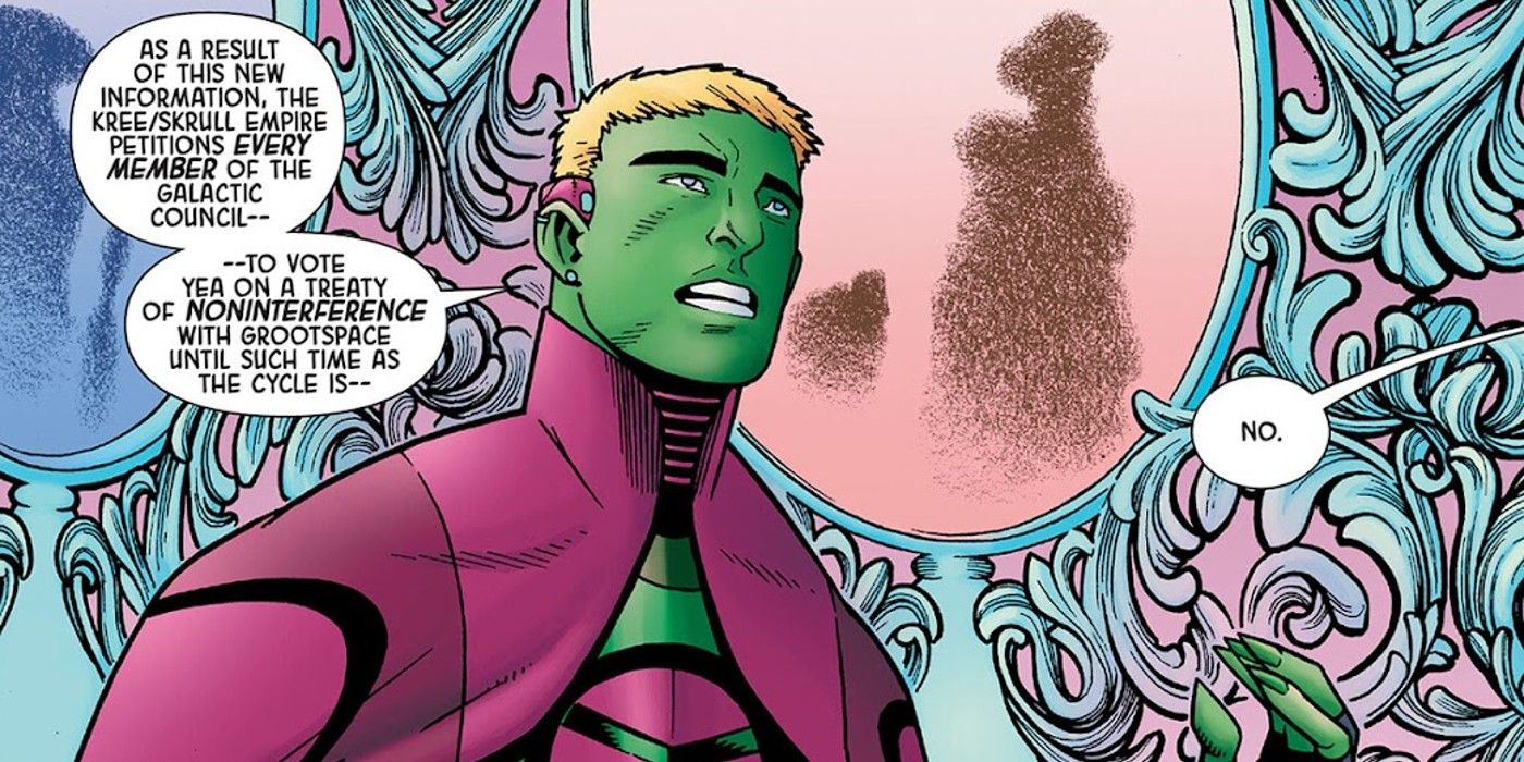 Emperor Hulkling pleads with the Galactic Council on behalf of the Guardians of the Galaxy