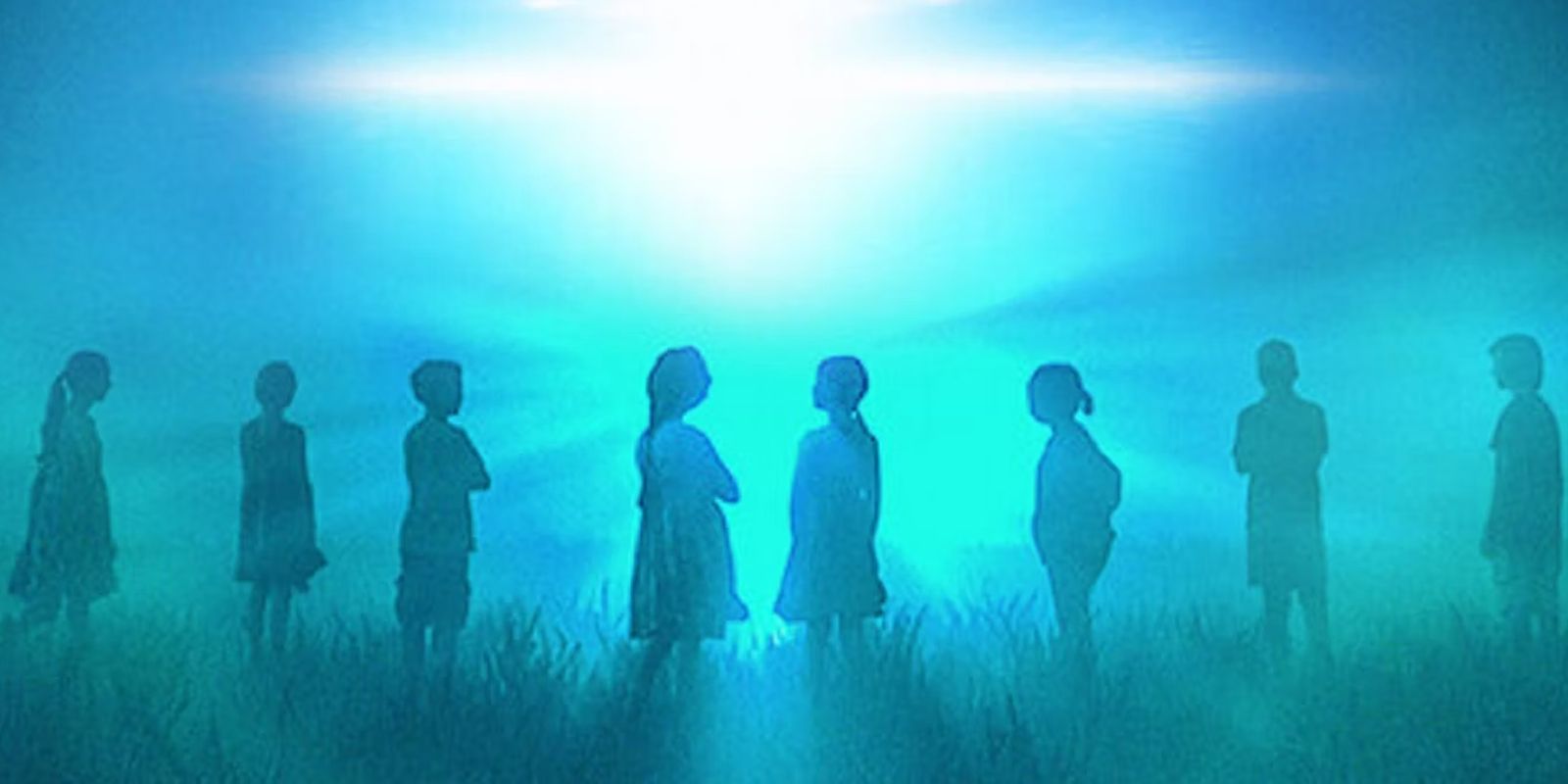 Kids are backlit by a green and blue glowing light.