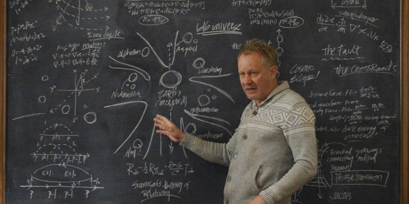 Erik Selvig in front of  a chalkboard in Thor