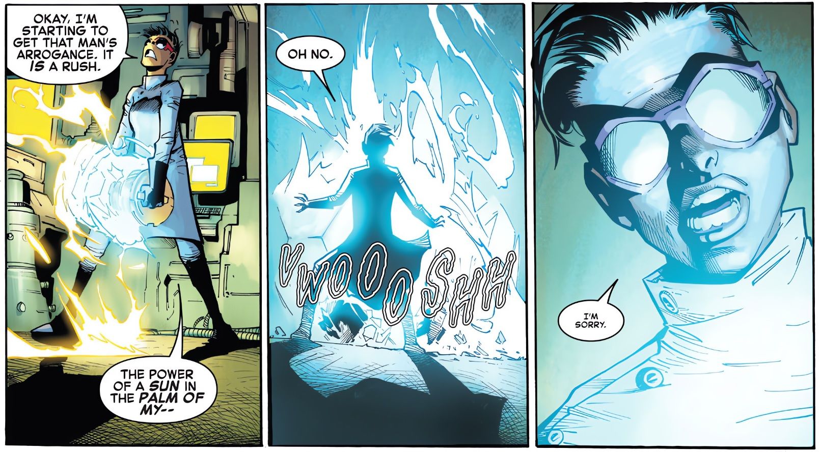 Estrella attempts to steal the reactor, only to have it explode point-blank with the light reflected in her goggles.