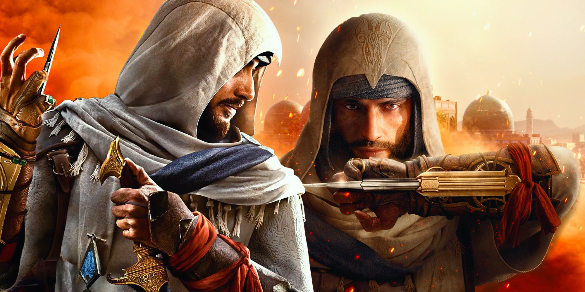 Duas imagens de Basim pronto para atacar em Assassin's Creed Mirage.