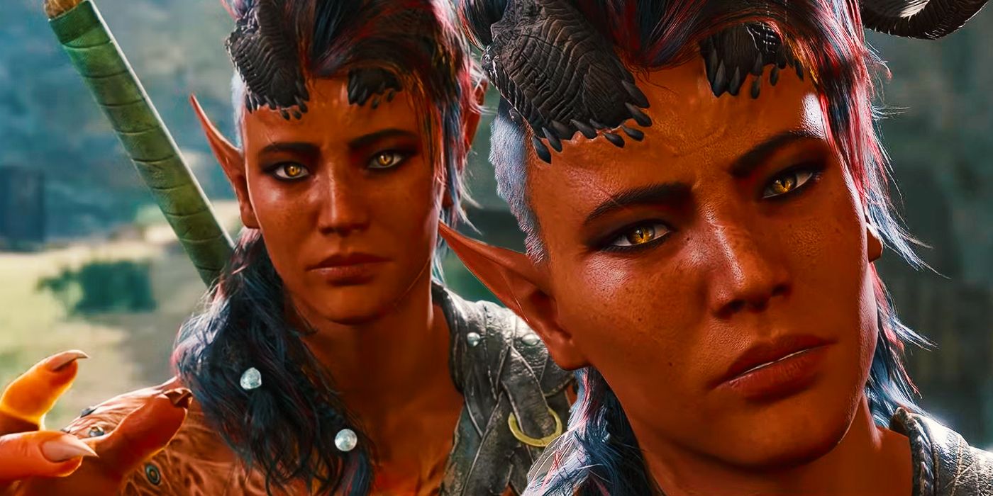 Two images of Karlach staring in wonder at the camera in screenshots from Baldur&rsquo;s Gate 3.