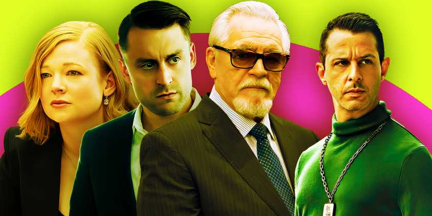 A collage of the Roy family - Shiv (Sarah Snook), Roman (Kieran Culkin), Logan (Brian Cox), and Kendall (Jeremy Strong)