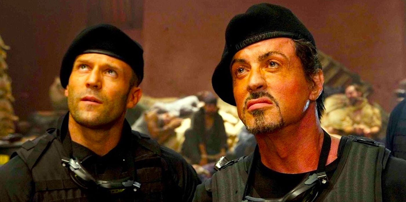 Jason Statham and Sylvester Stallone looking up in Expendables 4