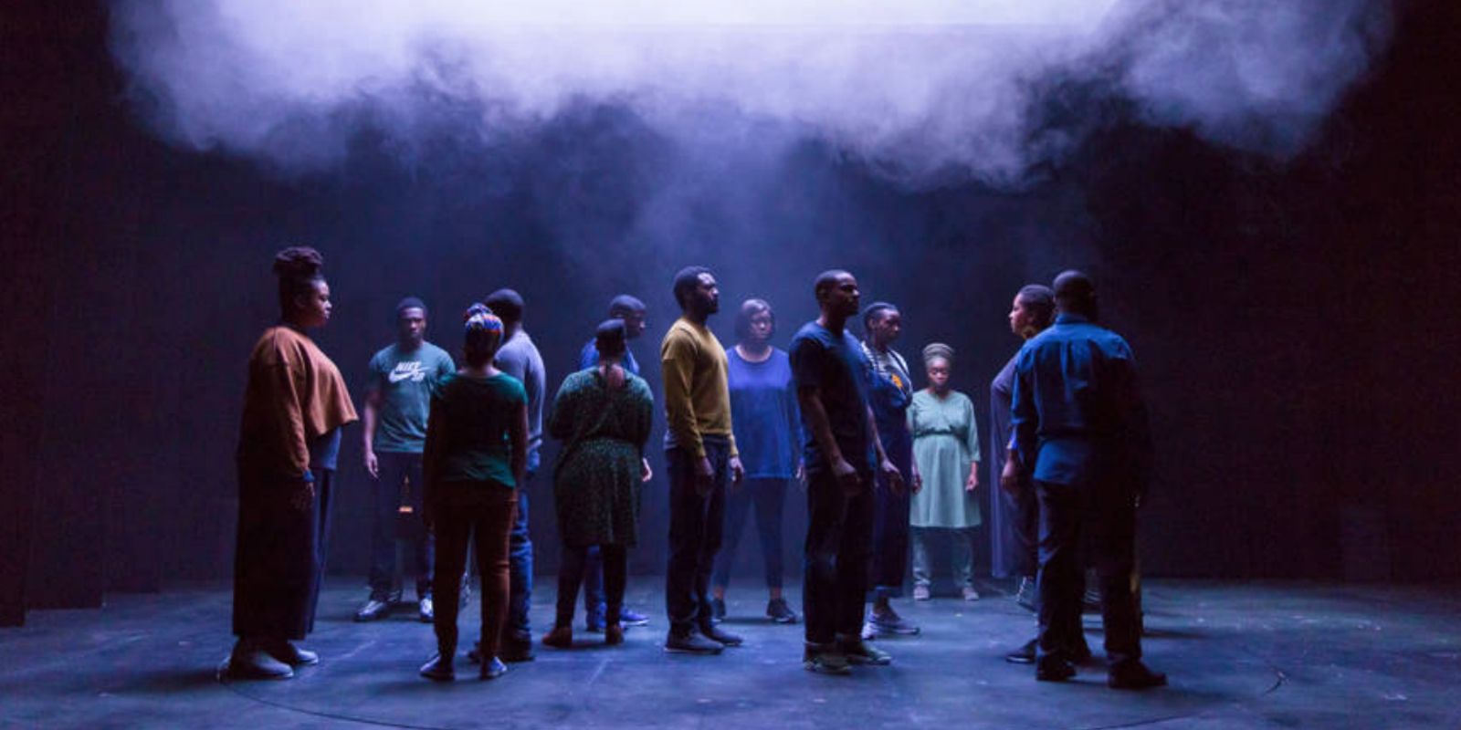 Characters stand in a staggered line looking in different directions.