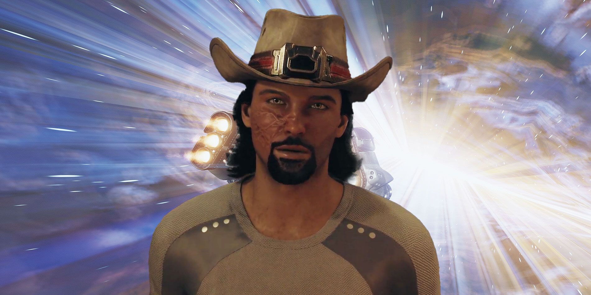 Man with scared face and cowboy hat in Starfield looking at the player.
