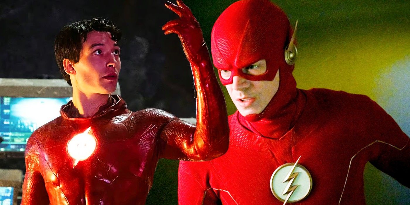 Custom image of Ezra Miller unmasked and looking up in The Flash movie and Grant Gustin's The Flash.