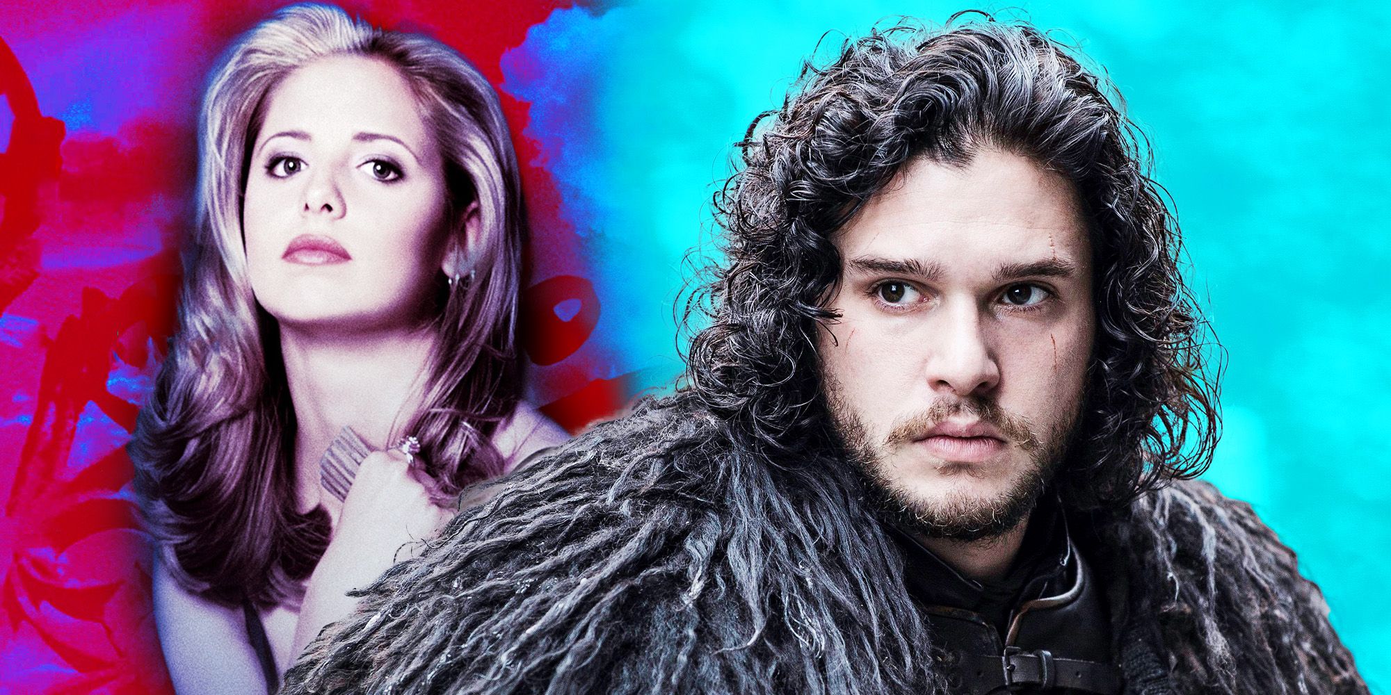 Collage image of Sarah Michell Gellar as Buffy the Vampire Slayer and Kit Harrington as Jon Snow from Game of Thrones.