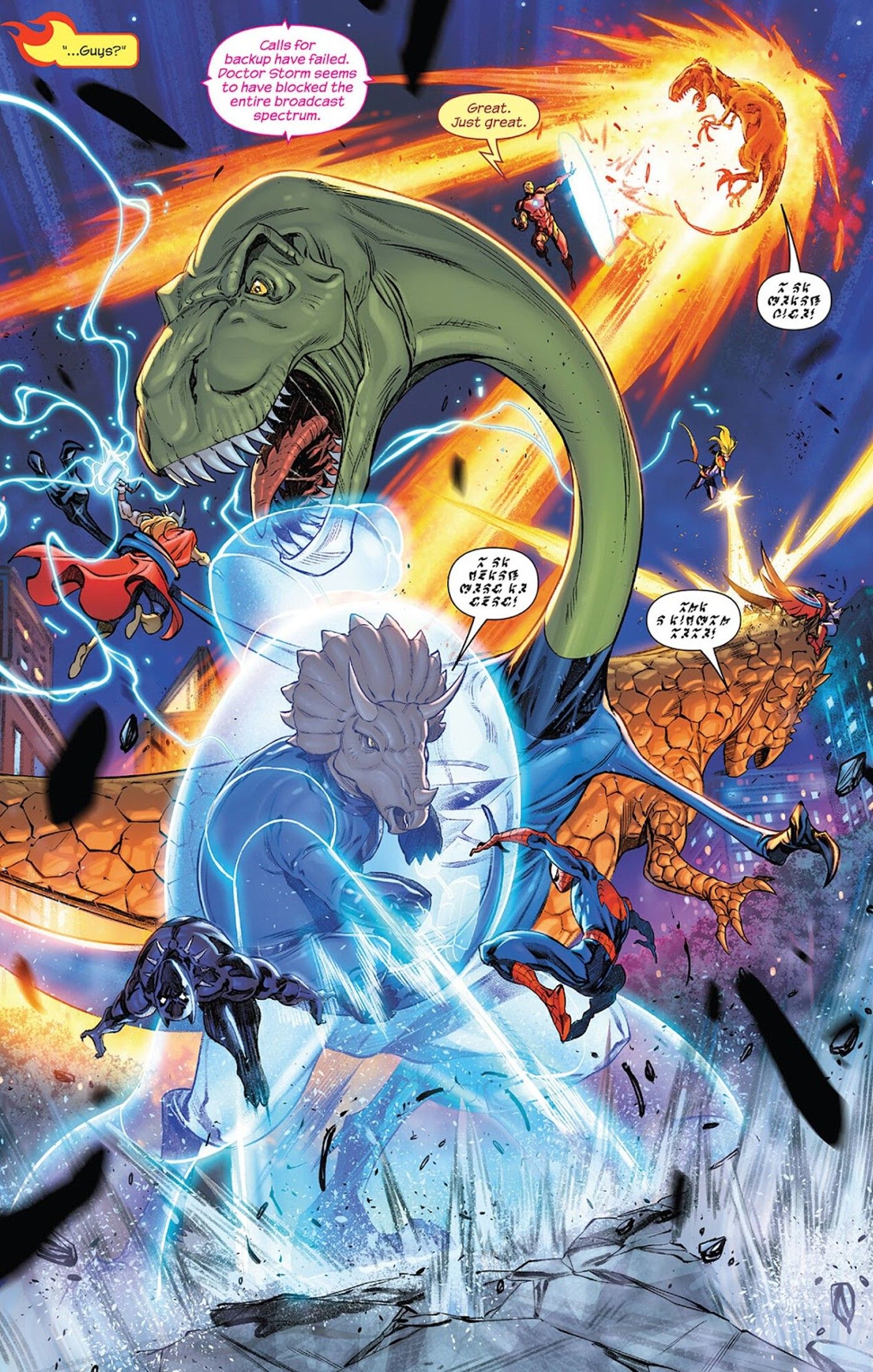 panels from Fantastic Four #12, Fantastic Four take on the dinosaur Avengers