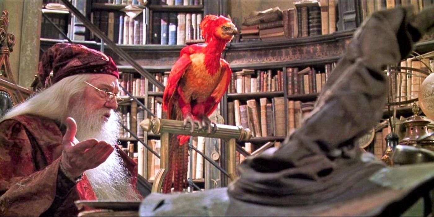 Fawkes perched on a rod in Dumbledore's office