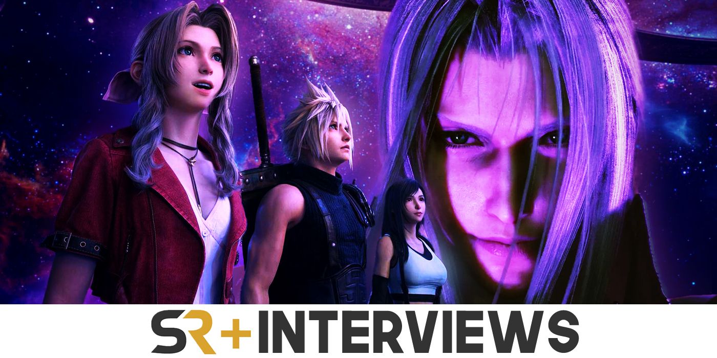 FF7 Rebirth characters Aerith, Cloud, Tifa, and Sephiroth with the SR Interviews logo below.