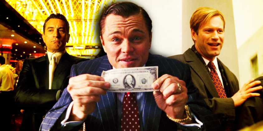 Collage of Robert De Niro in casino, Leonardo DiCaprio in The Wolf of Wall Street, and Aaron Eckhart in The Dark Knight