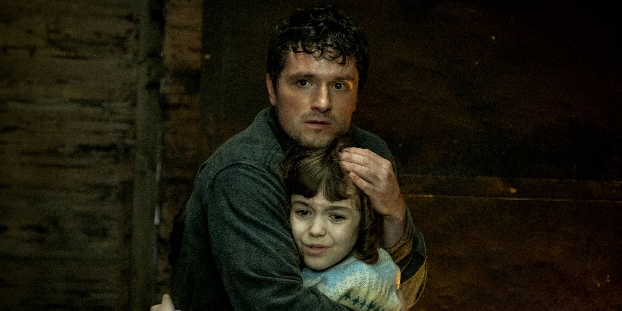Joshua Hutcherson as Mike Hugging Piper Rubio as Abby in Five Nights at Freddy's