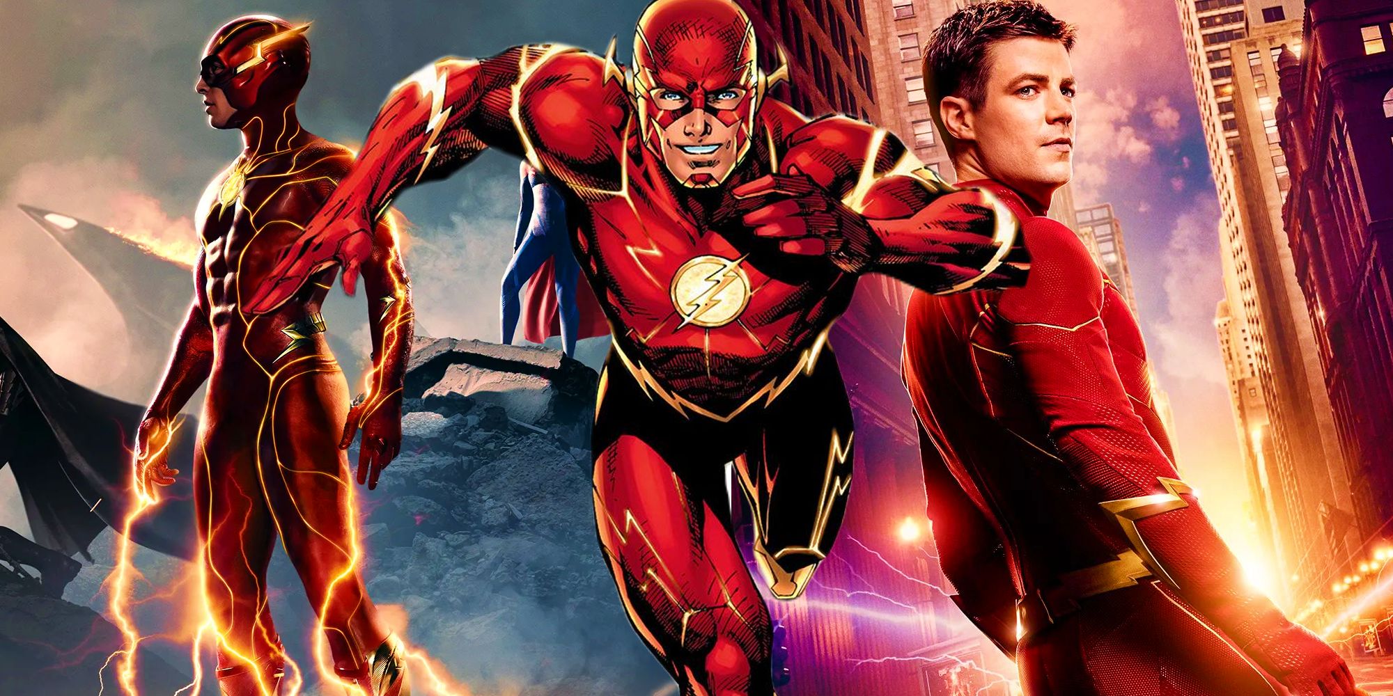The Flash from DC Comics between the posters for The Flash movie and The Flash CW show