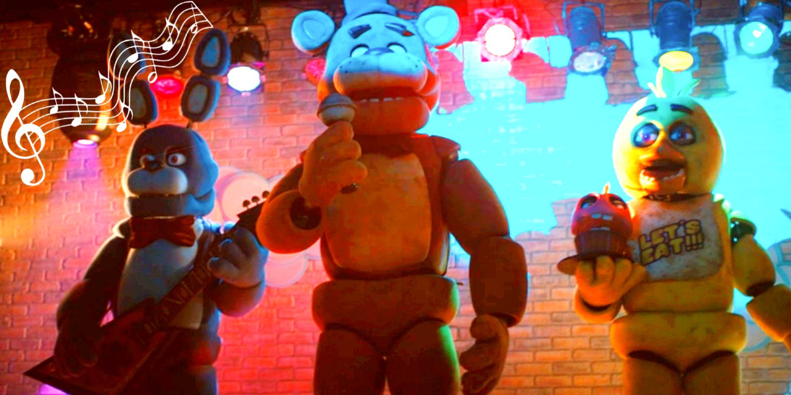 This image shows Bonnie, Freddy, and Chica performing with a music staff in the corner.