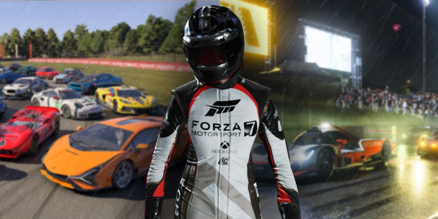 A driver from Forza Motorsport 8 with a collection of cars in the background
