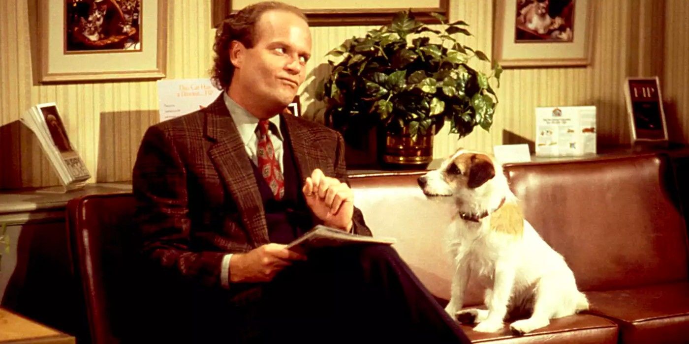 Frasier with Eddie the dog sitting on a couch