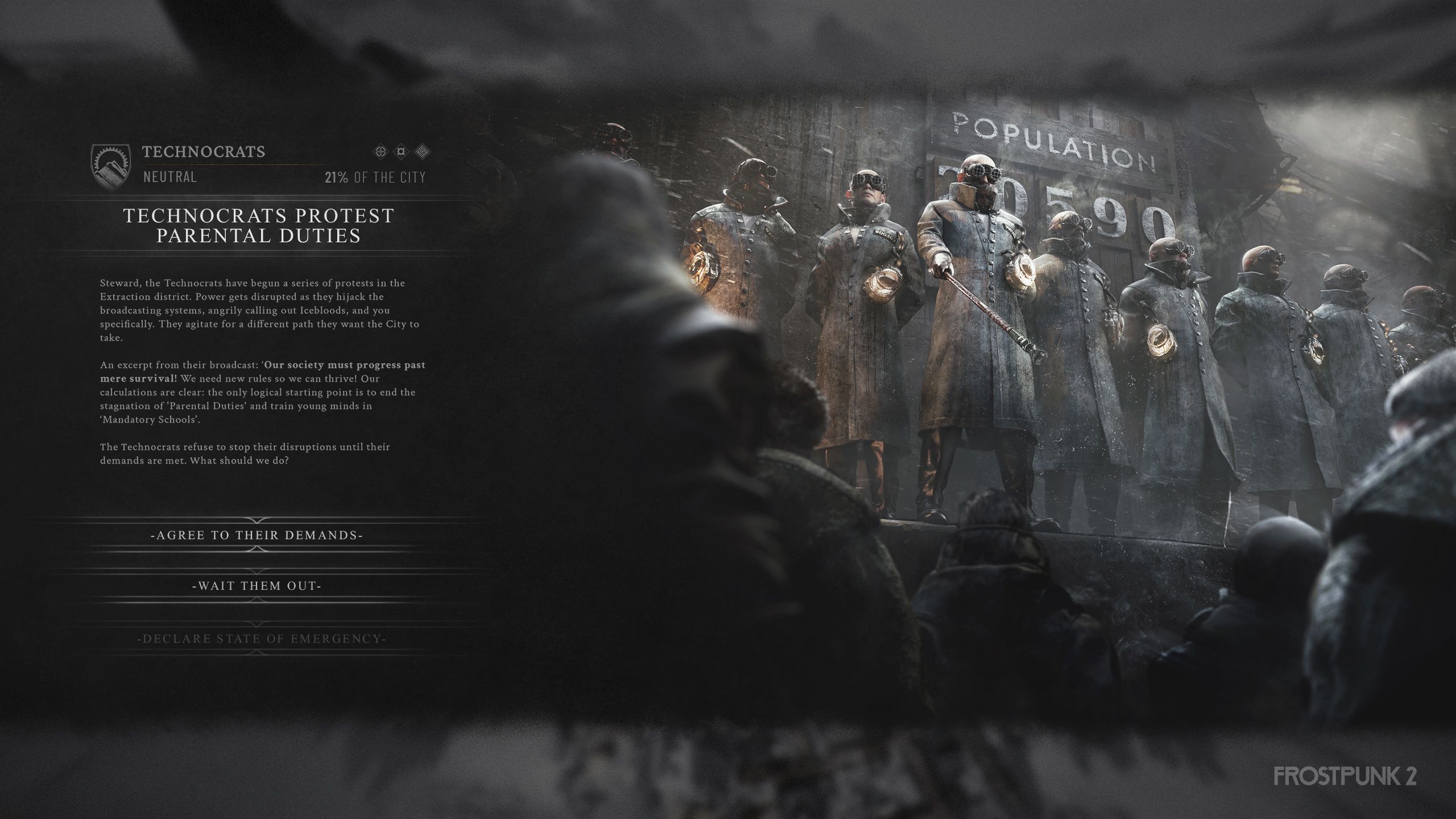 Frostpunk 2 Technocrats opposing child labor.