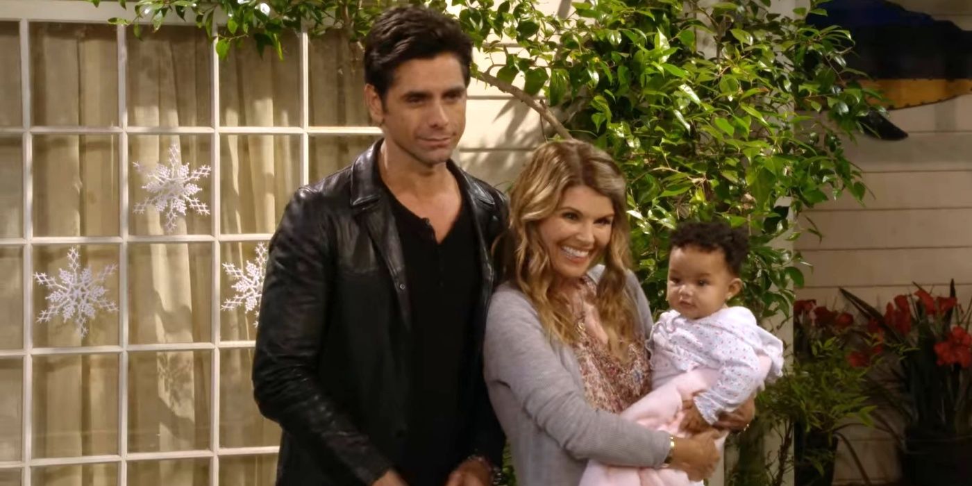 Jesse and Becky with baby Pamela in Fuller House season 2, episode 13.